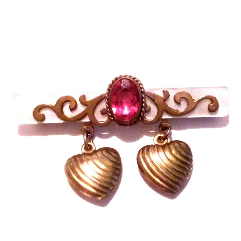 Antique Mother of Pearl Pink Glass Stone Double Heart Bar Pin Brooch